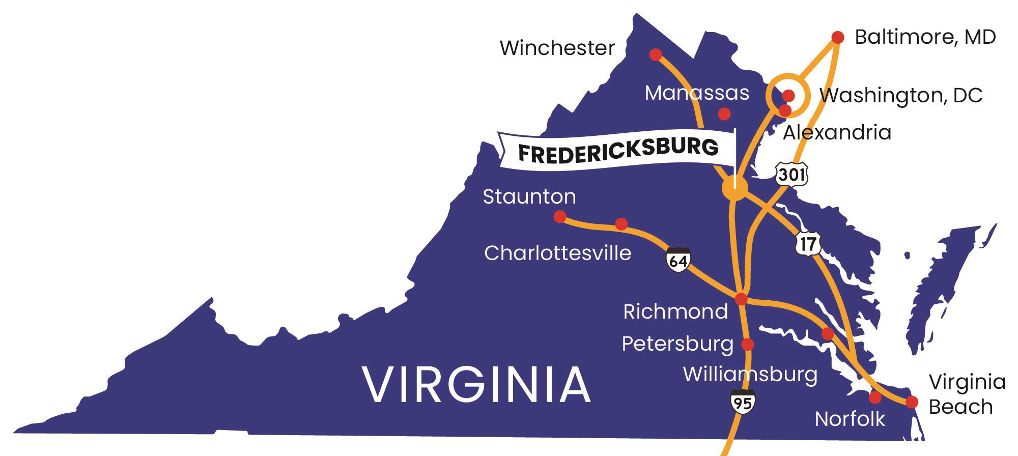 Blue image of Virginia map with locators and roads