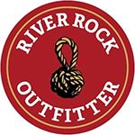 Circle with rope knotted in the middle with red background and white lettering